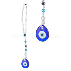 Teardrop with Evil Eye  Pendant Decoration, with Zinc Alloy Lobster Claw Clasps and Resin & Glass Beaded Hanging Decoration, Blue, 230mm(HJEW-JM01018)
