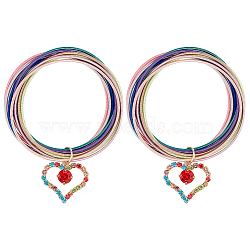 2Pcs Iron Stretch Chains Multi-strand Bracelets Set, Guitar String Coil Bracelets with Brass Rhinestone Heart Charms, Colorful, Inner Diameter: 2 inch(5.2cm)(BJEW-BC0001-26)