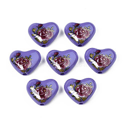 Flower Printed Opaque Acrylic Heart Beads, Slate Blue, 16x19x8mm, Hole: 2mm(SACR-S305-28-M03)