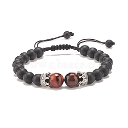 Natural Frosted Black Agate & Tiger Eye Braided Bead Bracelet with Alloy Crown, Gemstone Jewelry for Women, Brown, Inner Diameter: 2-1/4~3-3/4 inch(5.6cm)(BJEW-JB08249-05)