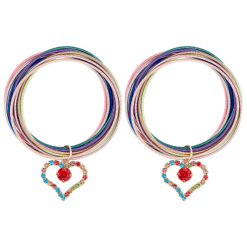 2Pcs Iron Stretch Chains Multi-strand Bracelets Set, Guitar String Coil Bracelets with Brass Rhinestone Heart Charms, Colorful, Inner Diameter: 2 inch(5.2cm)