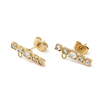 Ion Plating(IP) 304 Stainless Steel with Clear Cubic Zirconia Stud Earring Findings, with Horizontal Loops and Ear Nuts, Rectangle Bar, Golden, 17.5x5x2mm, Hole: 1.4mm, Pin: 0.8mm