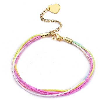 Segment Dyed Polyester Threads Multi-strand Bracelets, with Golden Plated 304 Stainless Steel Heart Charms and Lobster Claw Clasps, Pink, 7-5/8 inch(19.3cm)