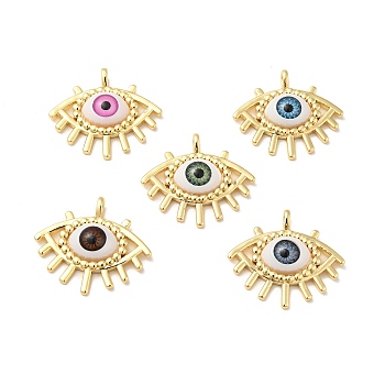 Evil Eye Resin Brass Pendants, Eye Charm, Real 18K Gold Plated, Mixed Color, 27x30.5x6mm, Hole: 4.5x3mm