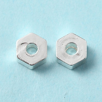 Rack Plating Brass Beads, Cadmium Free & Lead Free, Long-Lasting Plated, Hexagon, Silver, 4x4.5x2mm, Hole: 1mm