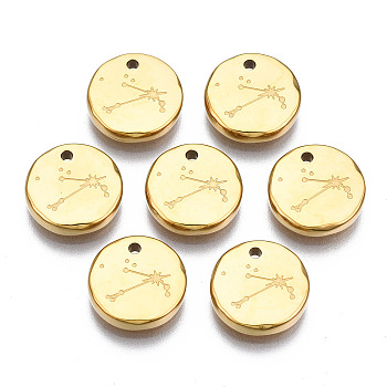 316 Surgical Stainless Steel Charms, Flat Round with Constellation, Real 14K Gold Plated, Aries, 10x2mm, Hole: 1mm