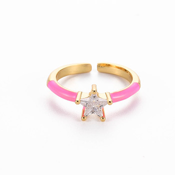 Brass Enamel Cuff Rings, Open Rings, Solitaire Rings, with Clear Cubic Zirconia, Nickel Free, Star, Golden, Pearl Pink, US Size 7(17.3mm)