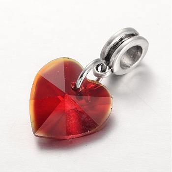 Large Hole Alloy European Dangle Charms, with Electroplated Glass Heart Pendants, Antique Silver, Red, 25mm, Hole: 5mm