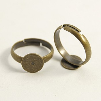 Brass Pad Ring Bases, Lead Free, Cadmium Free and Nickel Free, Adjustable, Antique Bronze Color, Ring: about 3mm wide, 14mm inner diameter, Tray: about 8mm in diameter