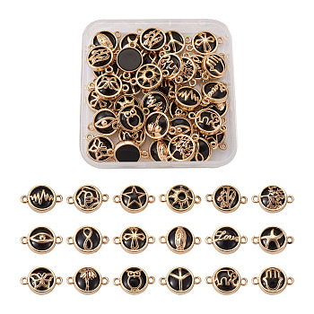 Glass Links Connectors, with Light Gold Plated Alloy Findings, Flat Round , Black, 13.5x19.5x5.5mm, Hole: 1.6mm, 36pcs/box