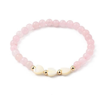 Stretch Beaded Bracelets, with Heart Natural Trochid Shell Beads, Round Natural Rose Quartz Beads and Golden Plated Brass Beads, Inner Diameter: 2-1/8 inch(5.5cm)