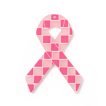 Printed Acrylic Big Pendants, Awareness Ribbon Charm, Pink, 53x36.5x2.5mm, Hole: 1.6mm