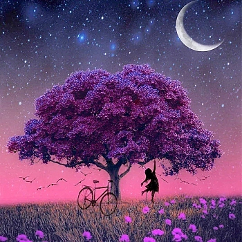 Girl Standing under the Tree  at Starry Night Diamond Painting Kits for Adults, DIY Full Drill Diamond Art Kit, Fairy Picture Arts and Crafts for Beginners, Purple, 300x300mm