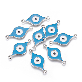 Alloy Enameled Links connectors, Cadmium Free & Lead Free, Evil Eye Style, Platinum, Size: about 38mm long, 18mm wide, 2mm thick, hole: 2mm