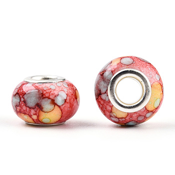 Opaque Resin European Beads, Imitation Crystal, Two-Tone Large Hole Beads, with Silver Tone Brass Double Cores, Rondelle, Indian Red, 14x9.5mm, Hole: 5mm