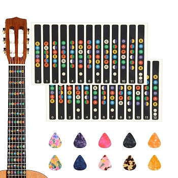 2 Sheets Guitar Fretboard Stickers with 10Pcs Imitation Shell Guitar Picks, Coded Note Decals, Fingerboard Frets Map Sticker for Beginner Learner Practice Fit 6 Strings Acoustic Electric Guitars, Mixed Color, Pick: 30.5mm, Sticker: 185.5x100mm