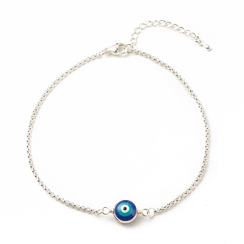 Enamel Evil Eye Link Anklet with 304 Stainless Steel Rolo Chains for Women, Blue, 9.65 inch(24.5cm)
