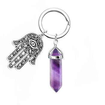 Natural Amethyst Bullet Keychains, with Hamsa Hand/Hand of Miriam Alloy Pendant, for Bag Jewelry Gift Decoration, Gamstone: 4.1x1cm