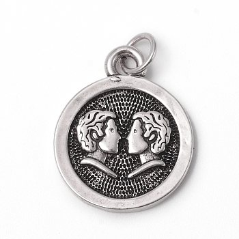 Brass Pendants, with Jump Rings, Long-Lasting Plated, Flat Round with 12 Constellation/Zodiac Sign, Antique Silver, Gemini, 18.5x15x2mm, Jump Ring: 5x0.7mm, Inner Diameter: 3.6mm