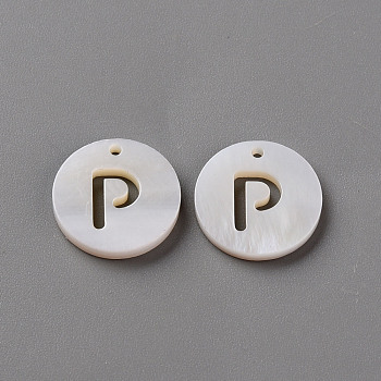 Natural Freshwater Shell Pendants, Flat Round with Letter, Letter.P, 12x1.5mm, Hole: 1mm