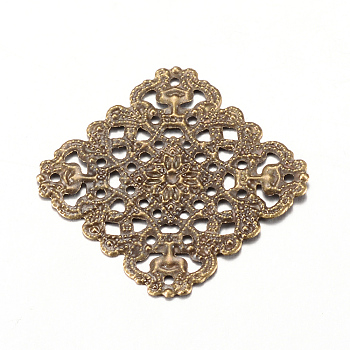 Iron Links, Etched Metal Embellishments, Rhombus, Antique Bronze, 28x28x0.5mm, Hole: 1mm, side: 22mm