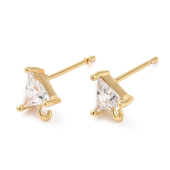 Brass Stud Earring Findings, with Glass & Vertical Loops, Triangle, Real 18K Gold Plated, 8x6.5mm, Hole: 1.2mm