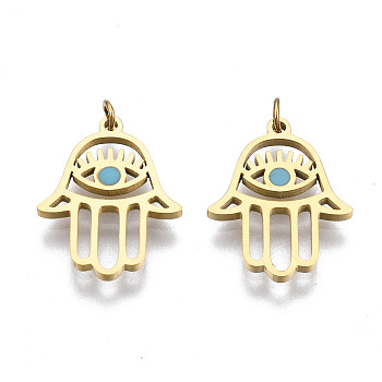 304 Stainless Steel Enamel Charms, with Jump Rings, Hamsa Hand/Hand of Fatima/Hand of Miriam with Eye, Real 14K Gold Plated,Sky Blue,14.5x11.5x1mm, Hole: 1.9mm