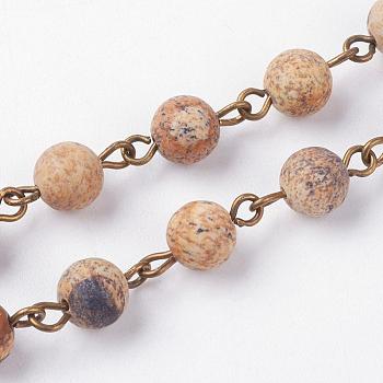 Natural Picture Jasper Handmade Beaded Chains, Unwelded, with Iron Eye Pin, Antique Bronze, 39.37 inch, 1m/strand