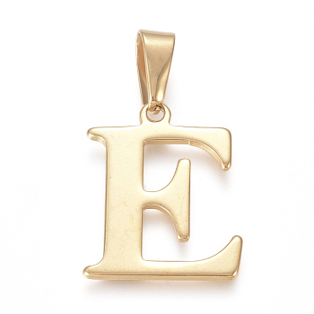 304 Stainless Steel Pendants, Golden, Initial Letter.E, 26x21x1mm, Hole: 3.5x10mm