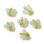 Imitation Jade Glass Pendants, with Alloy Finding, Butterfly with Bowknot Charm, Golden, 15x14.5x7~8mm, Hole: 1.6mm(GLAA-K065-01G)