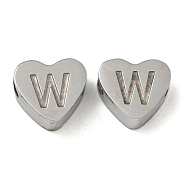 Tarnish Resistant 304 Stainless Steel Beads, Heart with Letter, Stainless Steel Color, Letter W, 7x8x3mm, Hole: 2mm(STAS-H219-16P-W)