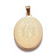 304 Stainless Steel Lady of Guadalupe Pendants, Oval with Virgin Mary, Golden, 39x28x2mm, Hole: 4.5x8mm(STAS-F185-29G)