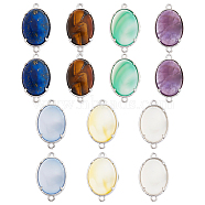 14Pcs 7 Styles Brass Natural Gemstone Connector Charms, Natural Agate & Amethyst & Lapis Lazuli & Tiger Eye, Mixed Dyed and Undyed, Oval, Platinum, Mixed Color, 15~15.5x25.5~26x6.5~7mm, Hole: 1.5~2mm, 2pcs/style(G-FH0001-79)