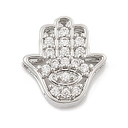 Brass Micro Pave Clear Cubic Zirconia Slide Charms, Long-Lasting Plated, Hamsa Hand, Platinum, 12.5x12x4.5mm, Hole: 10x1.5mm(ZIRC-I068-34P)