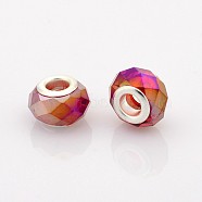 AB Color Plated Glass European Beads, Large Hole Rondelle Beads, with Silver Color Plated Brass Cores, Faceted, Red, 14x9mm, Hole: 5mm(GPDL-J026-AB06)