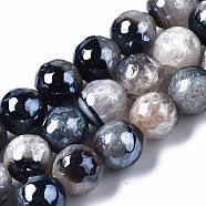 Natural Agate Beads Strands, Pearl Luster Plated, Faceted, Round, Dark Blue, 12mm, Hole: 1.6mm, about 30~33pcs/strand, 13.70~15.75 inch(34.8~40cm)(G-Q998-014B)