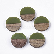 Resin & Walnut Wood Cabochons, Flat Round, Olive Drab, 18x3.5mm(RESI-Q210-010A-A01)
