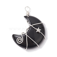 Natural Obsidian Copper Wire Wrapped Pendants, Moon with Star Charms, Platinum, 44.5x35x11.5mm, Hole: 4mm(PALLOY-JF02686-02)