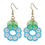 Handmade Seed Beads Dangle Earrings, Flower and Leaf, Light Blue, 53.5x24mm(EJEW-MZ00143-01)