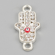 Alloy Rhinestone Links connectors, Cadmium Free & Lead Free, Hamsa Hand/Hand of Fatima/Hand of Miriam with Evil Eye, Red, Silver Color Plated, 22x10.5x2mm, Hole: 1.5mm(ALRI-S170-28S)