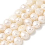 Natural Cultured Freshwater Pearl Beads Strands, Two Sides Polished, Floral White, 9~10mm, Hole: 0.5mm, about 20pcs/strand, 6.69''(17cm)(PEAR-A006-10B)