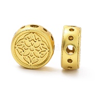 Rack Plating Brass Beads, Long-Lasting Plated, Lead Free & Cadmium Free, Flat Round with Flower, Matte Gold Color, 9.5x4mm, Hole: 0.9mm and 1.6mm(KK-F839-015MG)