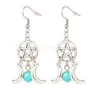 Woven Net with Natural Mashan Jade Dangle Earrings, Alloy Moon and Star Earrings for Women, 58mm, Pin: 0.7mm(EJEW-JE04945-02)