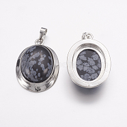 Natural Snowflake Obsidian Pendants, with Platinum Tone Alloy Findings, Oval, 37x25x10mm, Hole: 4x8mm(G-K252-A06)