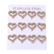 PVD Vacuum Plating 304 Stainless Steel Stud Earring, with Rhinestone, Heart, Rose Gold, 13x14mm, 12pcs/set(EJEW-C099-05RG)