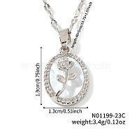 Elegant Brass Clear Cubic Zirconia Rose Oval Pendant Necklaces, Perfect for Christmas and Valentine's Day, Platinum, 15.75 inch(40cm)(XA5195)