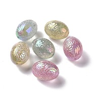 UV Plating Rainbow Iridescent ABS Plastic Glitter Beads, Egg with Flower Pattern, Mixed Color, 25.5x18.5mm, Hole: 2mm(KY-G025-01)