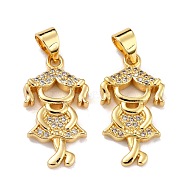 Brass Micro Pave Clear Cubic Zirconia Pendants, Girl, Real 18K Gold Plated, 21x11.5x2.5mm, Hole: 4x3mm(ZIRC-A021-61G)