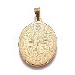 304 Stainless Steel Lady of Guadalupe Pendants, Oval with Virgin Mary, Golden, 39x28x2mm, Hole: 4.5x8mm(STAS-F185-29G)