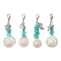 4Pcs 4 Styles Sea Animal Alloy & Natural Shiva Eye Shell Pendant Decorations, Synthetic Turquoise Chip & Lobster Clasps Charms for Bag Ornaments, Antique Silver & Platinum, 56~58mm, 1pc/style(HJEW-JM02013)